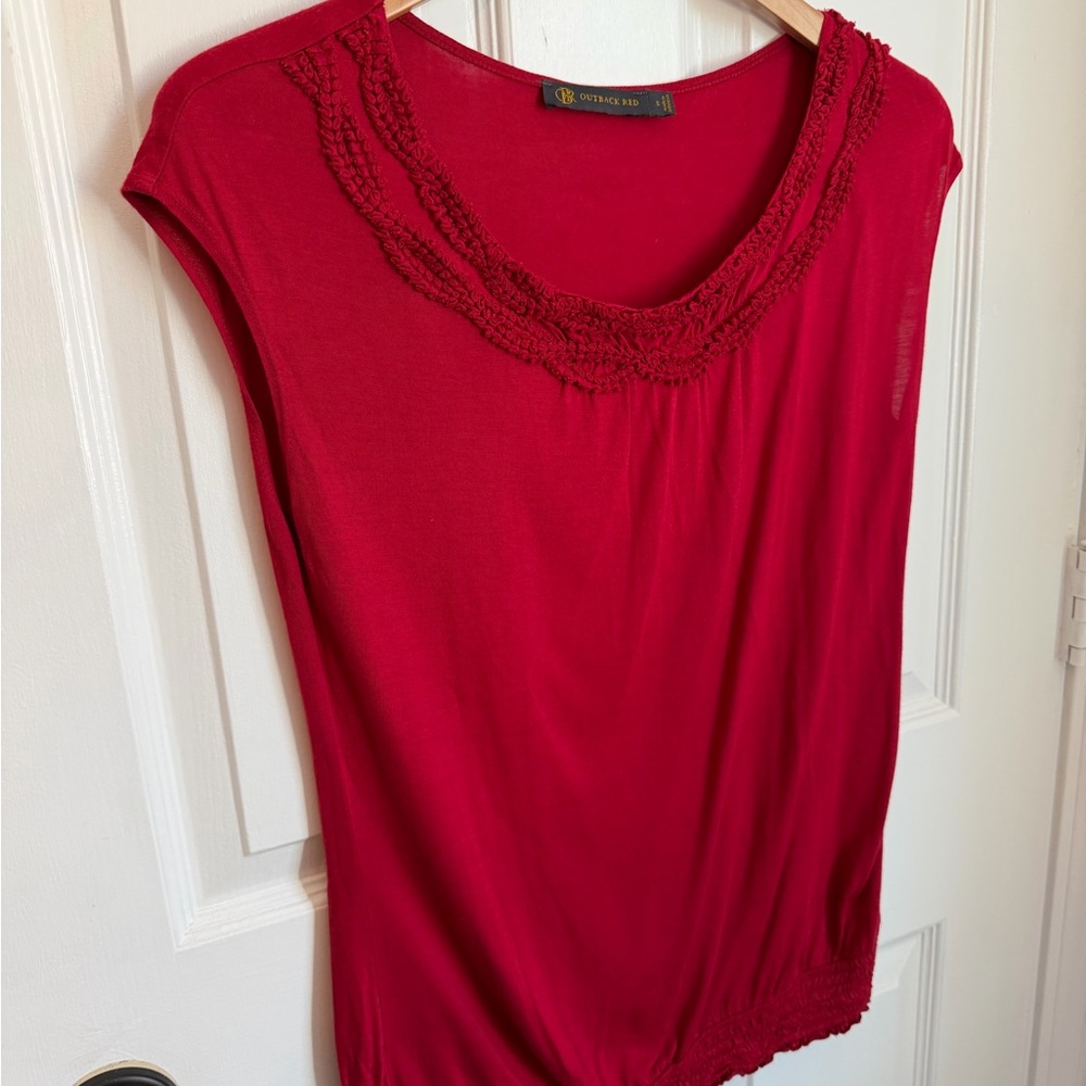 Outback Red Women's Short Sleeve Dressy Top with Ruffle Rounded Collar